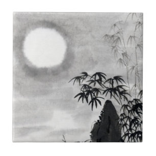 Sumi-e japonês do cenário da lua da noite do