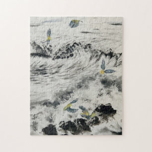 Sumi e Ocean quebra-cabeça com aves verdes