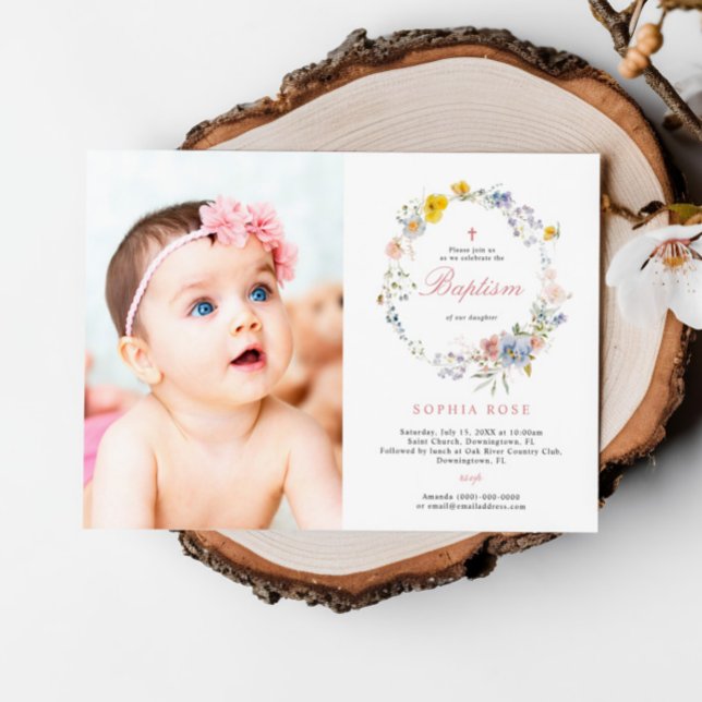 Summer Boho Wildflower Foto Baptism Convite (Criador carregado)