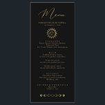 Sun Celestial e Menu Lua Preto e Versão Dourada<br><div class="desc">Projetado para coordenar com nossa Coleção Mística Celestial, este cartão de cardápio personalizável único apresenta elementos celestes de ouro maravilhosos em um fundo preto. Para personalização mais avançada deste design, por exemplo, alteração do layout, da fonte ou do tamanho do texto, clique no botão "PERSONALIZAR" acima. Por favor, entre em...</div>