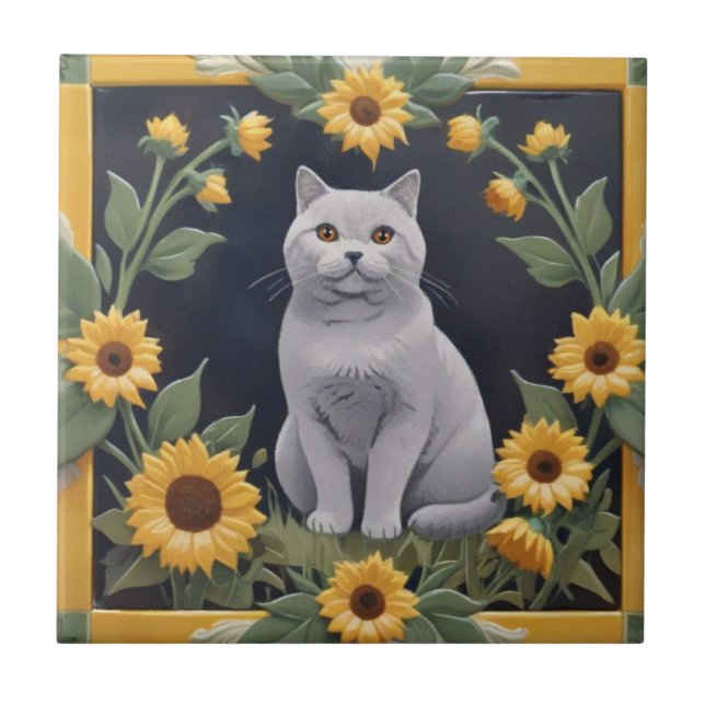Sunflower Cats - Grey Cat & Yellow Sunflowers (Frente)