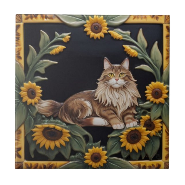 Sunflower Cats - MaineCoon Cat & Yellow Sunflowers (Frente)