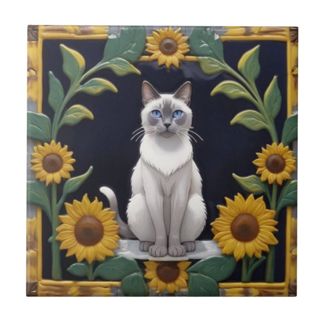 Sunflower Cats - Siamese Cat & Yellow Sunflowers (Frente)