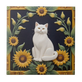 Sunflower Cats - White Cat & Yellow Sunflowers