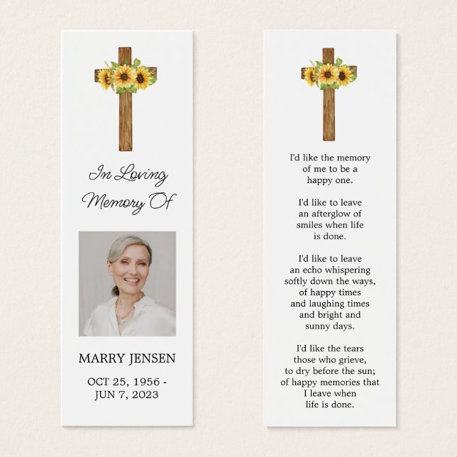 Sunflower Cross Photo Funeral Bookmark (Frente & Verso)