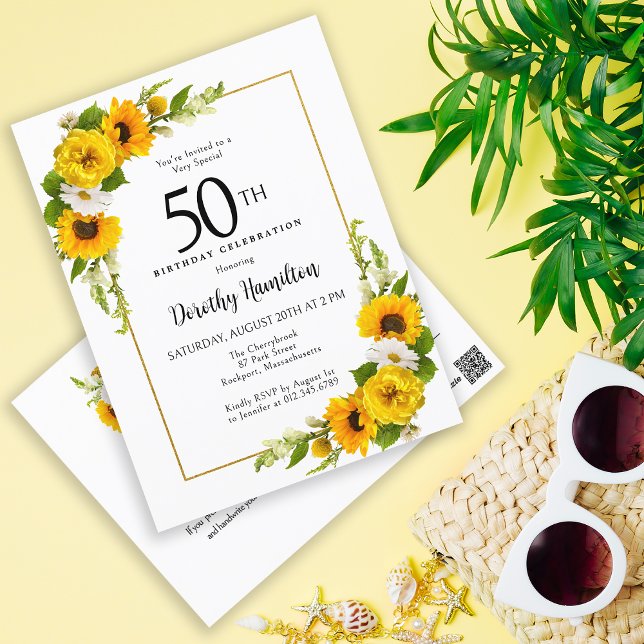 Sunflower Daisy 50th Convite de aniversário (A Great Party Starts with a Great Invitation!)