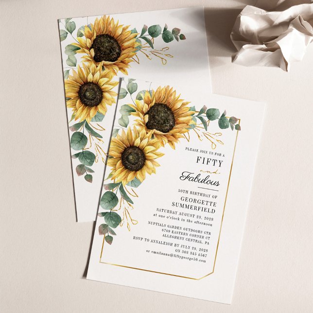 Sunflower Eucalyptus 50th Aniversário (Sunflower Eucalyptus 50th Birthday Party Invitation Stationery)