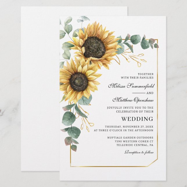 Sunflower Floral Eucalyptus Greenery Casamento (Frente/Verso)