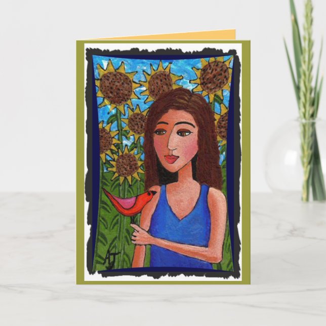 Sunflower Forest, Girl & Red Bird - cartão de saud (Frente)