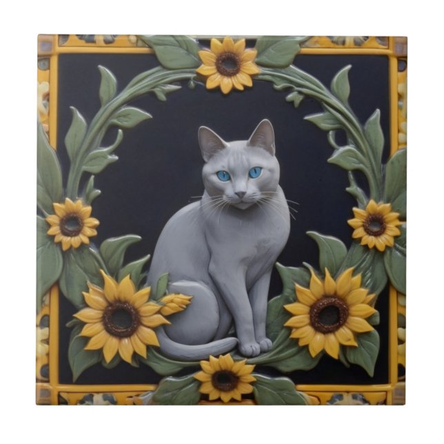 Sunflower Grey Cats - Gray Cat & Yellow Sunflowers (Frente)