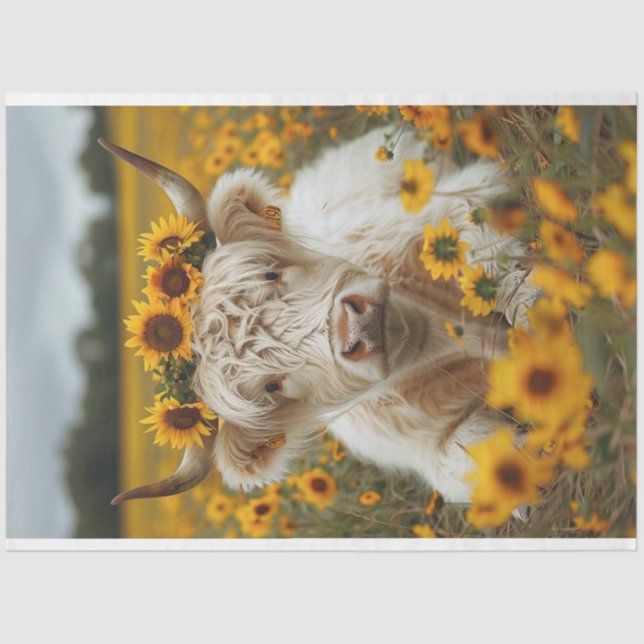 Sunflower Highland Cow Decoupage Papel Tecido (Frente )