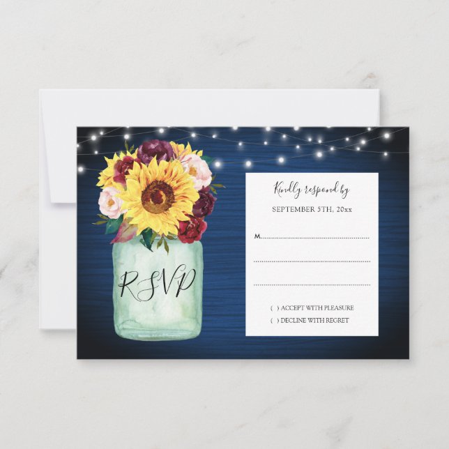 Sunflower Mason Jar Marinho Blue Weding RSVP (Frente)
