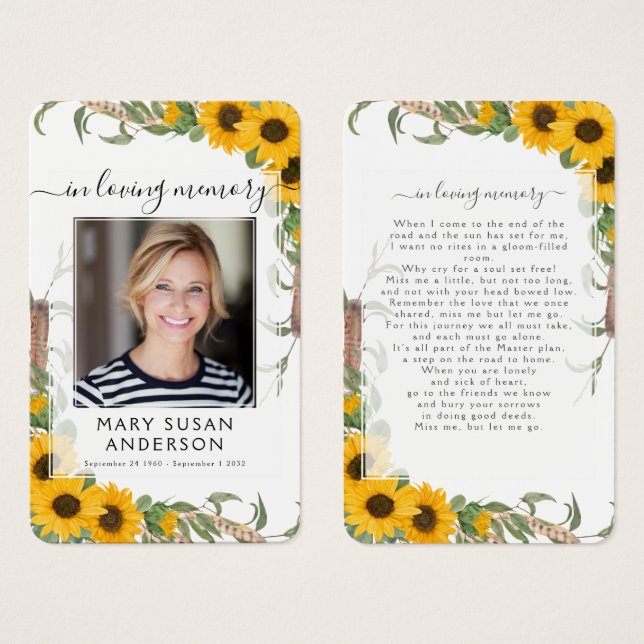 Sunflower Photo Funeral Memorial Poem Card (Frente & Verso)