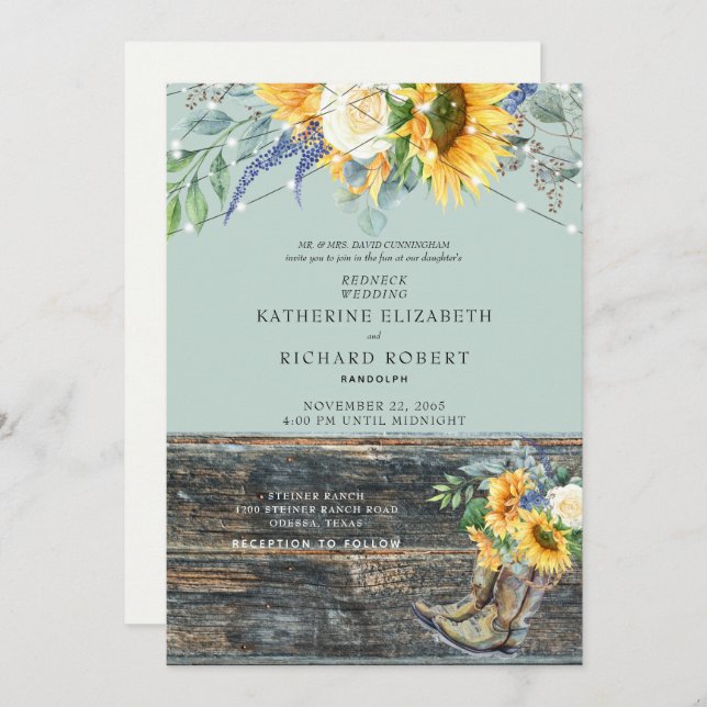 Sunflower Redneck Wood Boots Lights Convite (Frente/Verso)