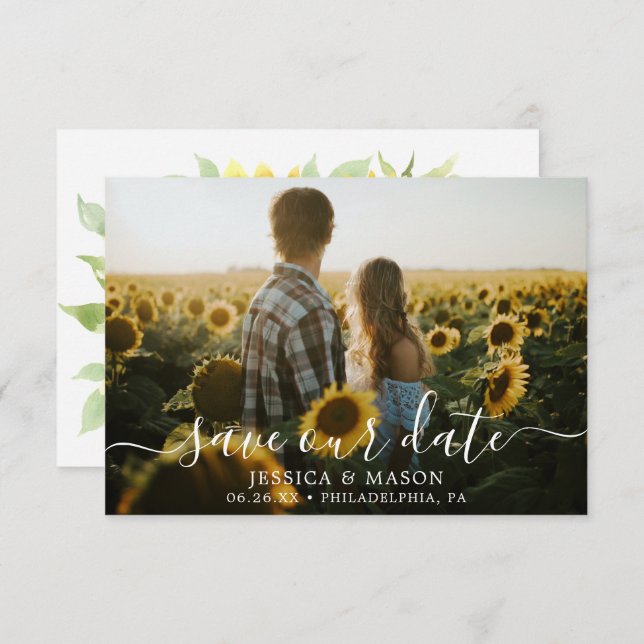 Sunflower Save The Dates with Cartão com fotos (Frente/Verso)