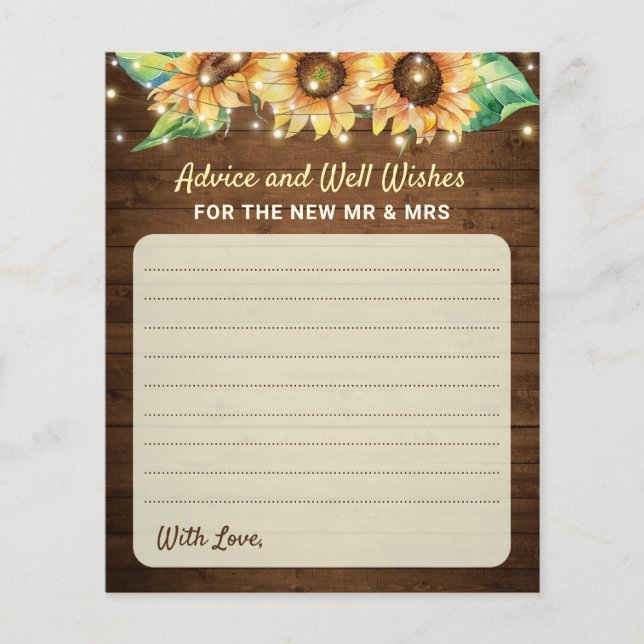 Sunflower Wedding New Mr Newlyweds Advice Card (Frente)