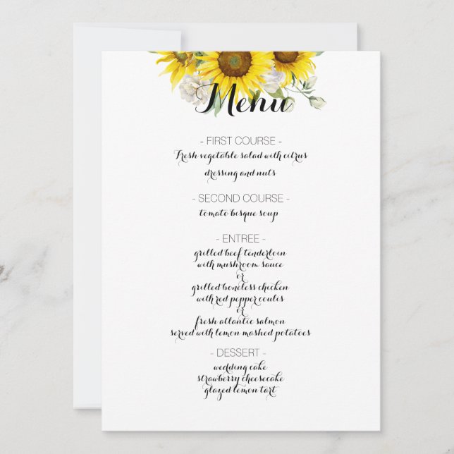 Sunflower white rose rustic wedding menu (Frente)