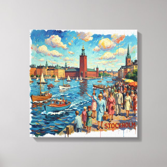 Sunlit Stockholm Harborfront Canvas Art (Frente)
