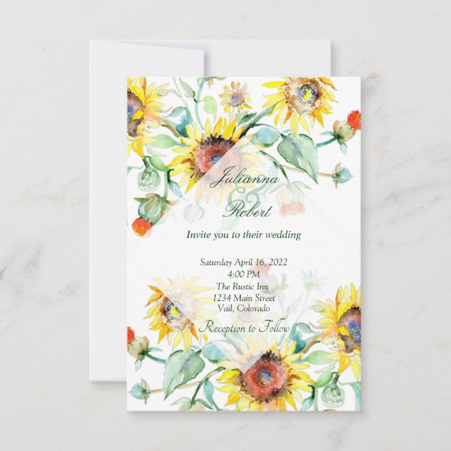 Sunny Watercolor Sunflower convite para o casament (Frente)