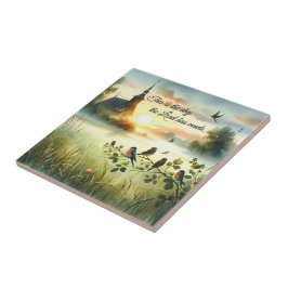 Sunrise Church with Birds in Misty Meadow