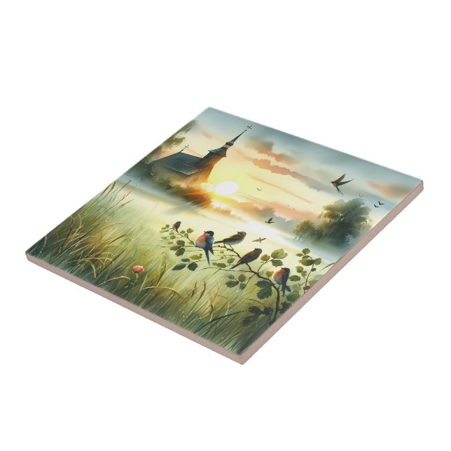 Sunrise Church with Birds in Misty Meadow No Verse (Lateral)