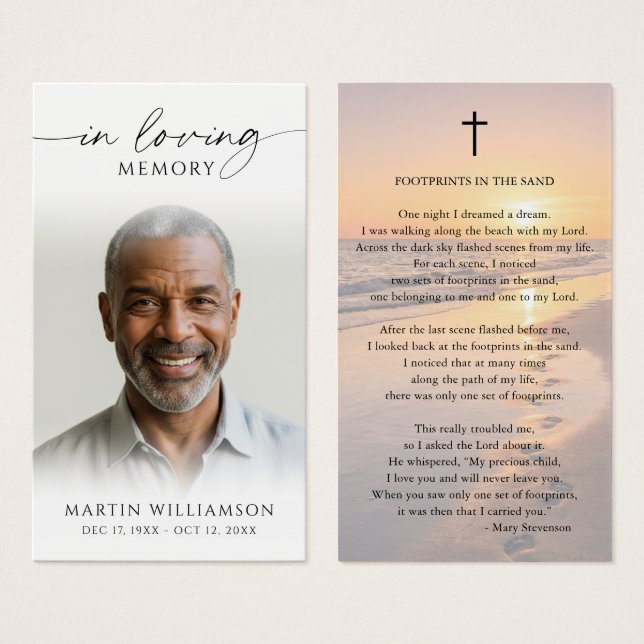 Sunset Beach Footprints Poem Sympathy Prayer Card (Frente & Verso)