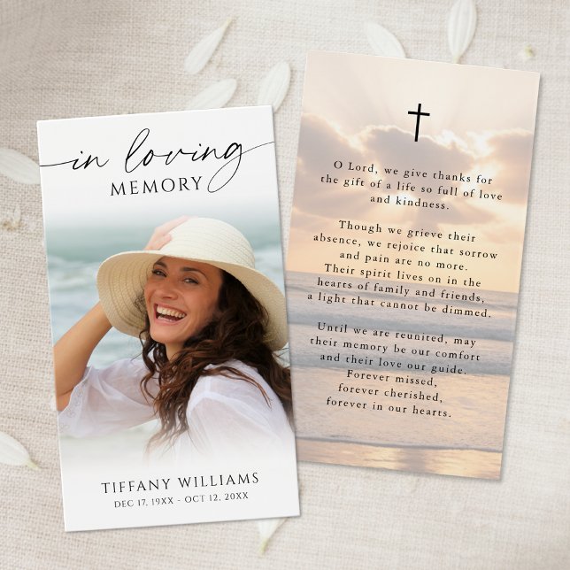Sunset Beach In Memory Photo Cross Prayer Card (Criador carregado)