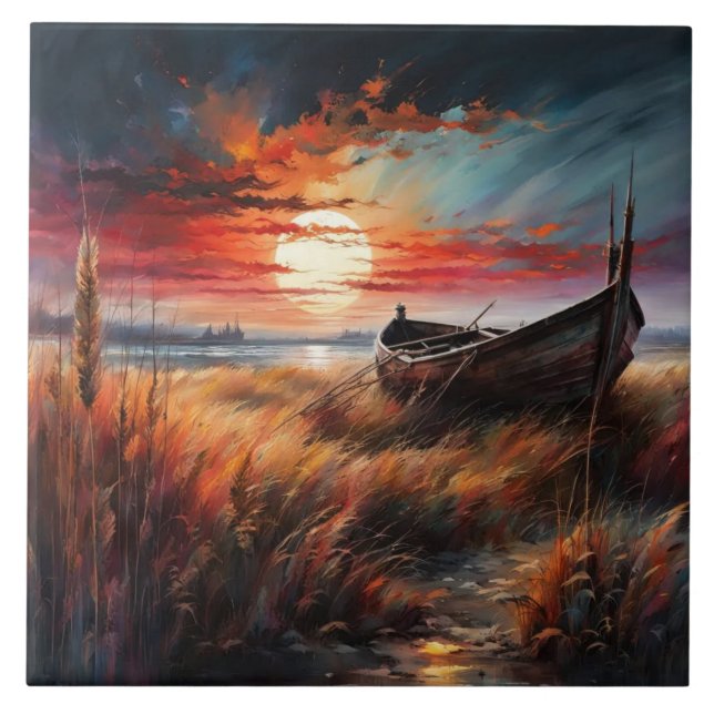 Sunset boat art serene landscape by the sea (Frente)