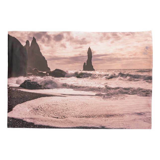 Sunset na praia de areia negra de Reynisfjara, Isl (Verso)