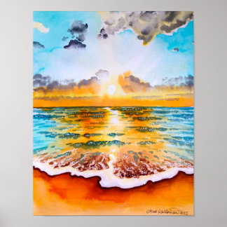 Sunset sobre Ocean - Watercolor Art Impressão