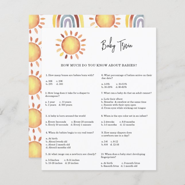 Sunshine Baby Trivia | Jogo Chá de fraldas (Frente/Verso)