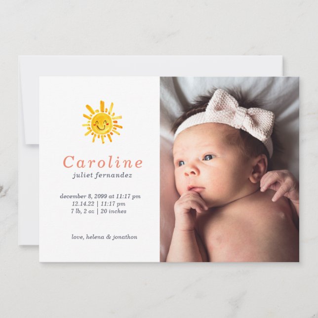 Sunshine Nome Primário Anúncio de Nascimento do Be (Frente)
