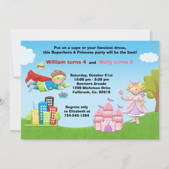 Super-herói e Convite de aniversário princesa (Frente)