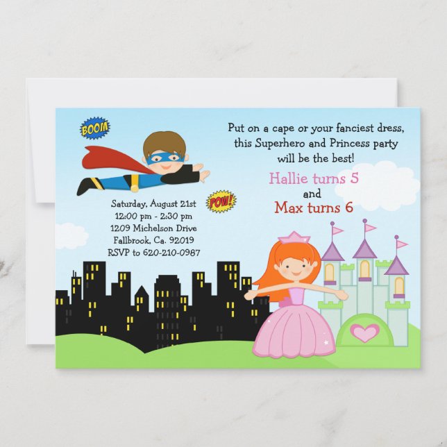 Super-herói e princesa convite de aniversário (Frente)