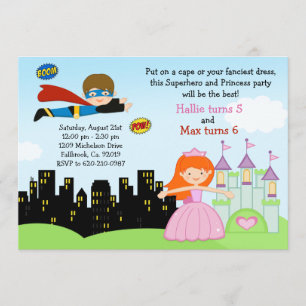 Super-herói e princesa convite de aniversário