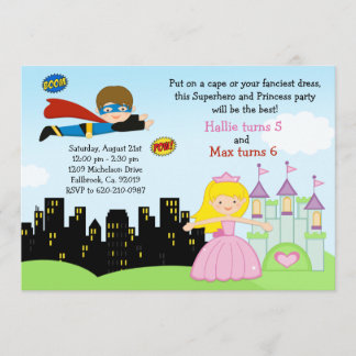Super-herói e princesa convite de aniversário