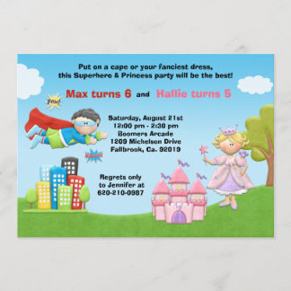 Super-herói e princesa convite de aniversário