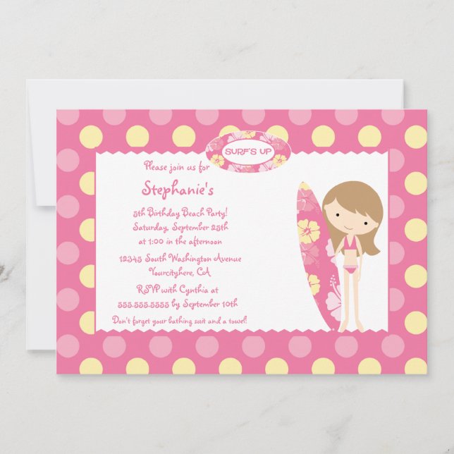 Surf cor-de-rosa acima do convite de aniversário (Frente)
