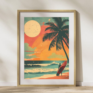 Surfer Vintage em Summer Sunset Retro Poster