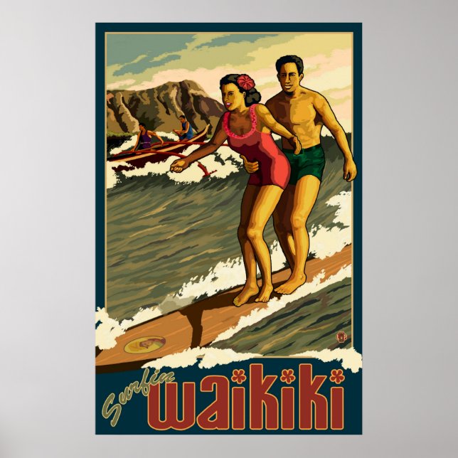 Surfing Waikiki - Honolulu, Poster de viagens do H (Frente)