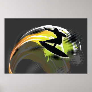 Surfista preto e onda colorida na poster da cinza