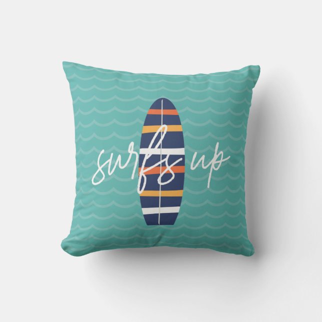 Surfs Up prancha de surf azul e ondas Almofada de  (Frente)