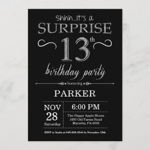 Surpreenda o 13os preto e prata do convite do