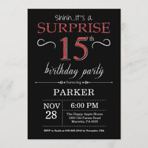 Surpreenda o 15os preto e vermelho do convite do