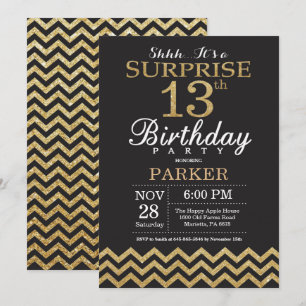 Surpresa 13 de Aniversário Convite Dourado Glitte