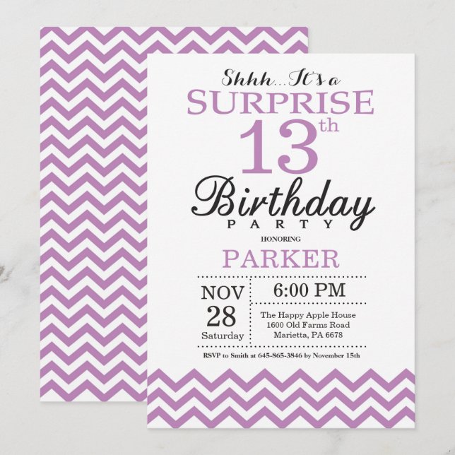 Surpresa 13 de Aniversário Convite Purple Chevron (Frente/Verso)