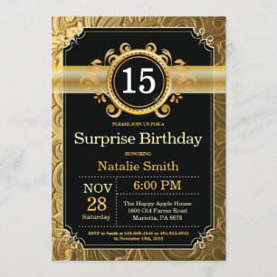 Surpresa 15 de Aniversário Convite Preto e Dourado