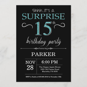 Surpresa 15 de Aniversário Convite Preto e Teal