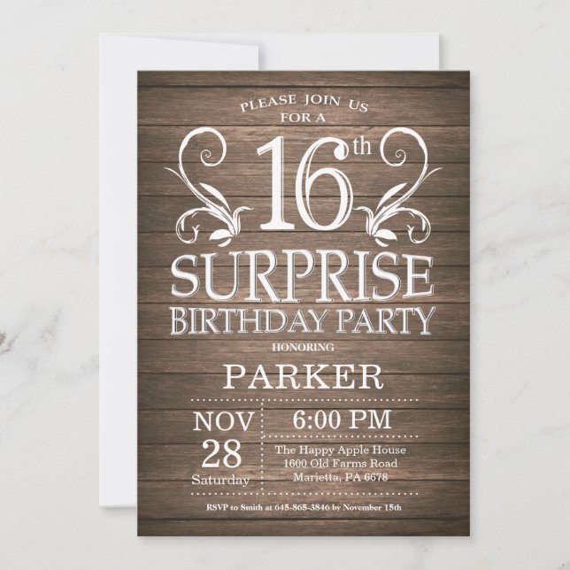 Surpresa 16º Aniversário Convite à Madeira Rústica (Frente)
