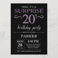 Surpresa 20 de Aniversário Convite Preto e Roxo